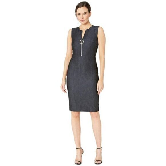 Calvin Klein Sheath Dress Size 4 Metallic Gold Zipper Navy Denim Look Sleeveless - Picture 1 of 12
